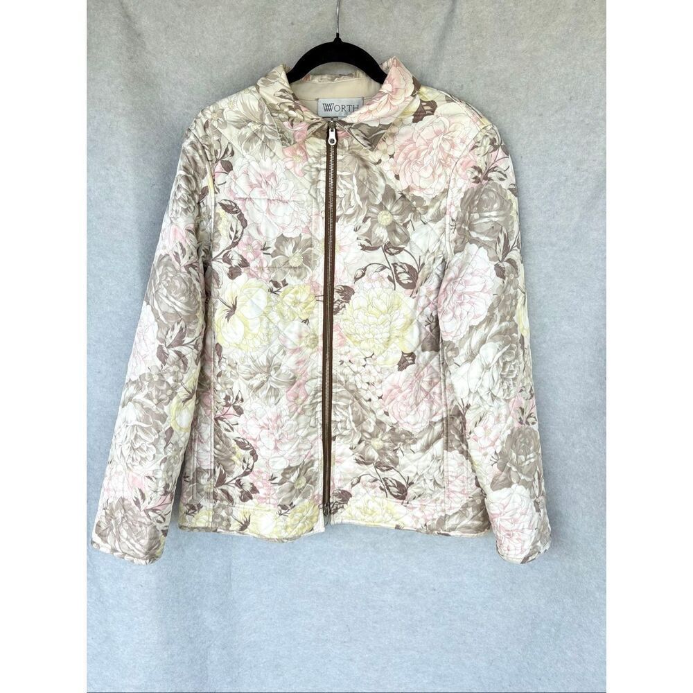 Worth Quilted Floral Jacket Womens 14 Zip Front Lightweight Pastel